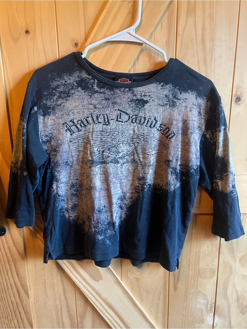 Vintage Harley-Davidson Cropped Black and Tan Tie-Dye 3/4 Sleeve Tee Biker HD